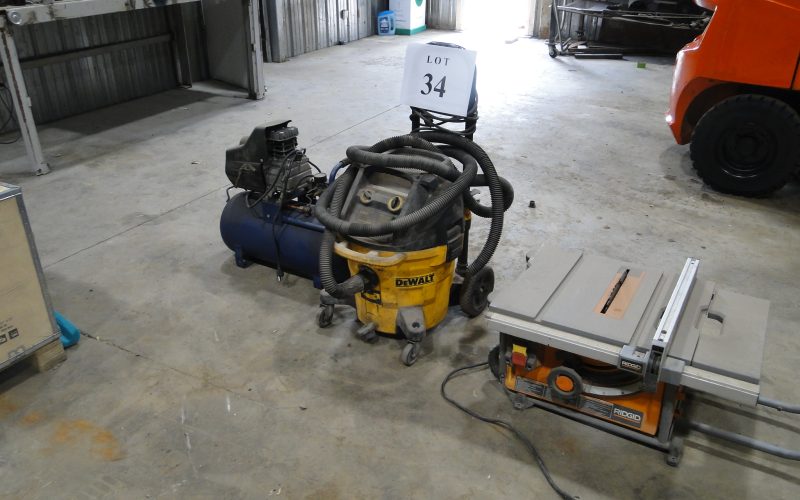 LOT 34 : Aspirateur commercial, Banc de scie, Compresseur portatif